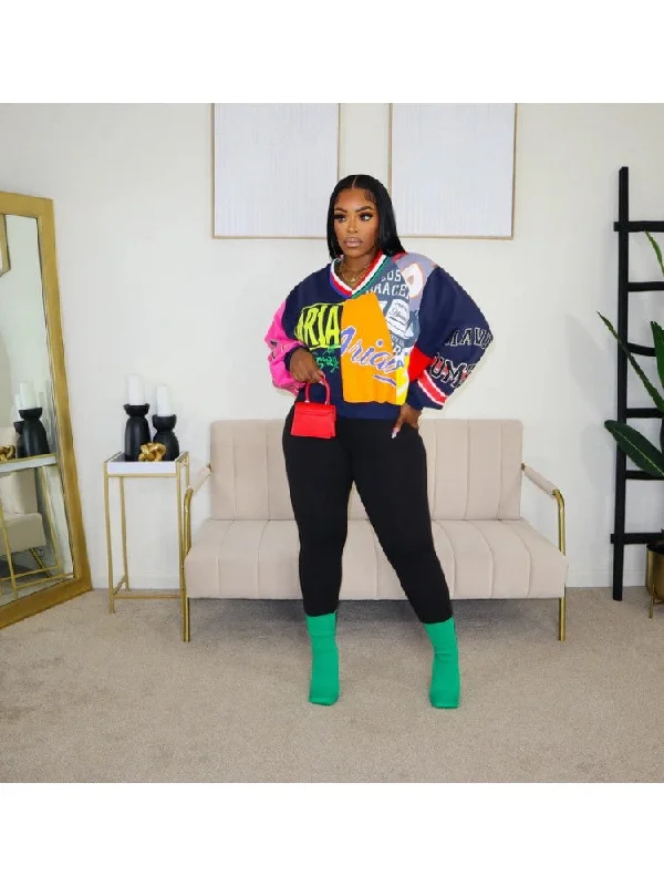 Classic Retro Colorblock V Neck Baggy Sweatshirts