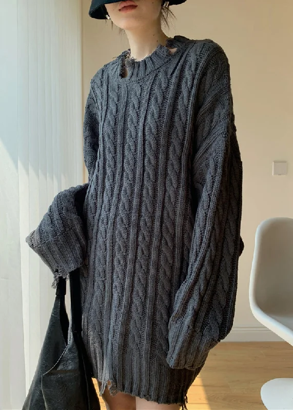 Classic Dark Grey Cozy Knit Sweater Hole Winter