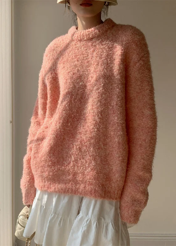 Multifunctional Style Loose Pink O-Neck Solid Fluffy Sweaters Winter