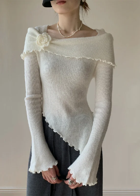 Simple And Comfortable Slim Fit White Asymmetrical Knitting Cotton Sweaters Fall
