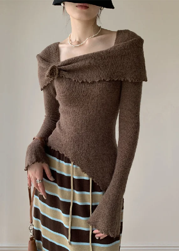 British Style Coffee Solid Knitting Cotton Sweater Square Collar Flare Sleeve