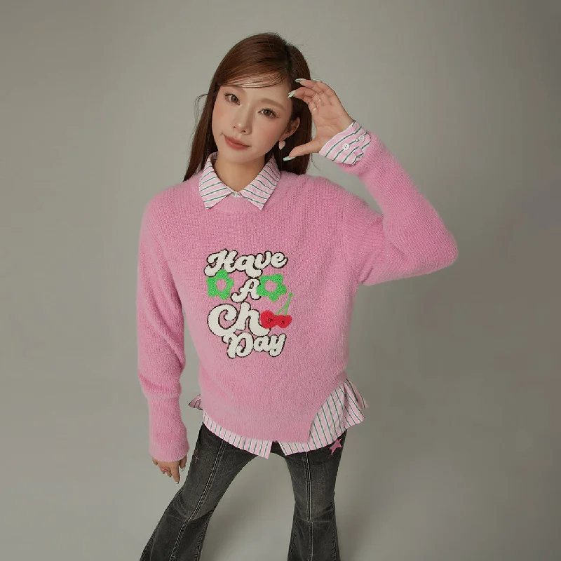 Stretch Design Have A Chuu Day Slit Lettering Knit Sweater