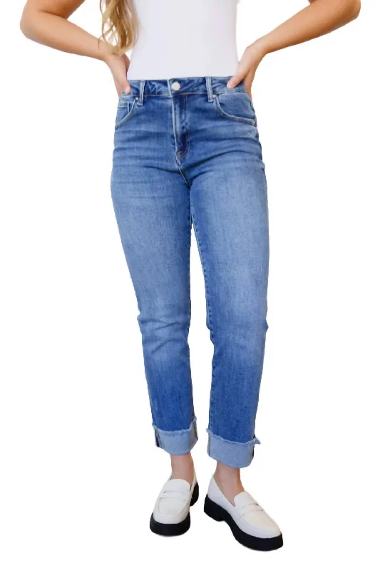 Warm Atmosphere High Rise Cuffed Straight Jeans In Medium Wash