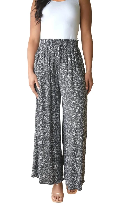 Classic Retro Smocked Waist Pants In Black Floral