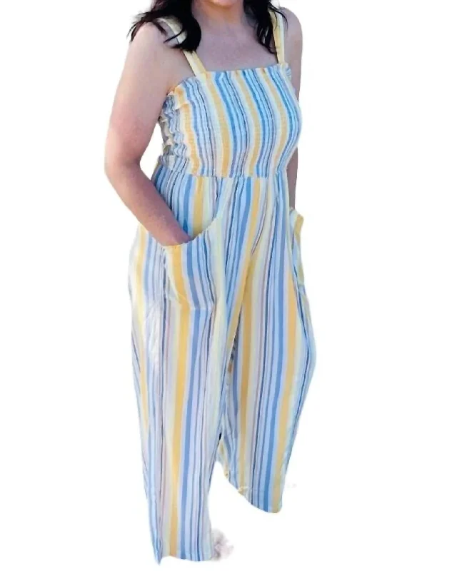 Fresh And Fashionable Smocked Jumpsuit In Yellow And Blue Stripes