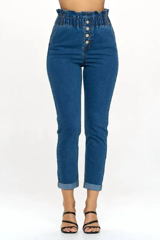 Practical Style Paperbag Smocked Waist Buttonfly Jeans In Denim