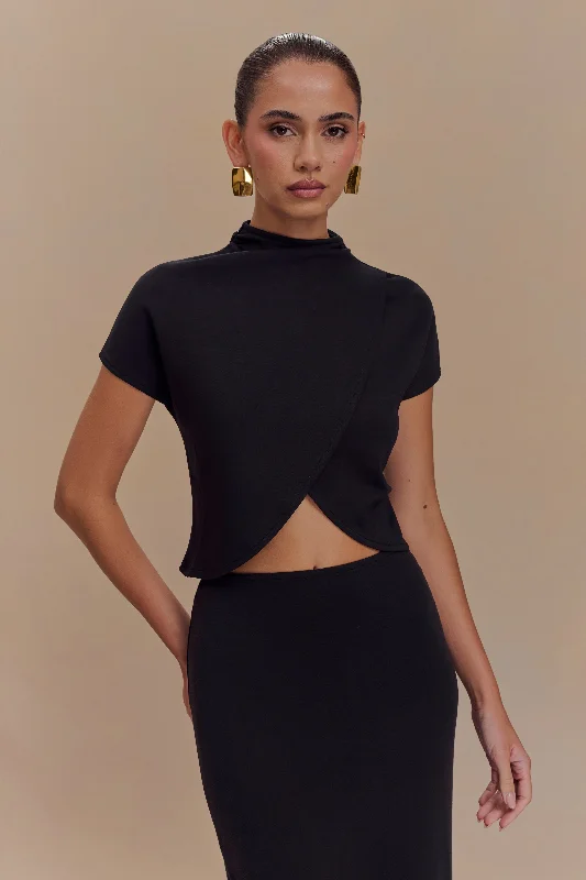 Trendy Layers Eris High Neck Scuba Jersey Top - Black