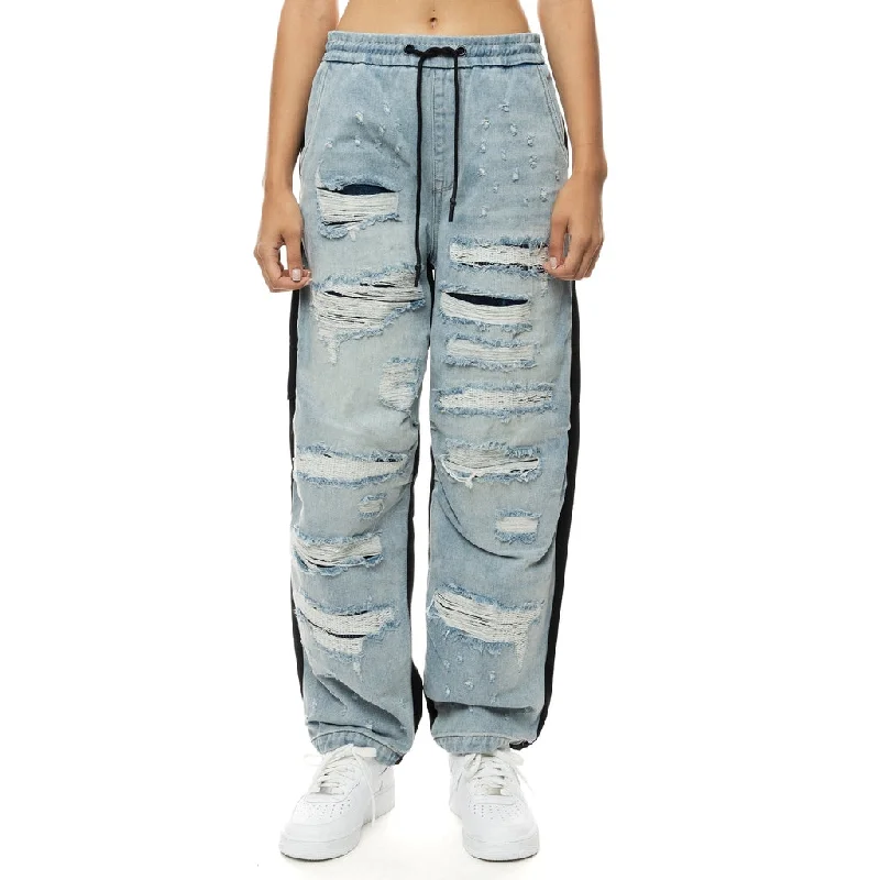 Soft Fabrics High Rise Baggy Mixed Media Denim Joggers - California Blue