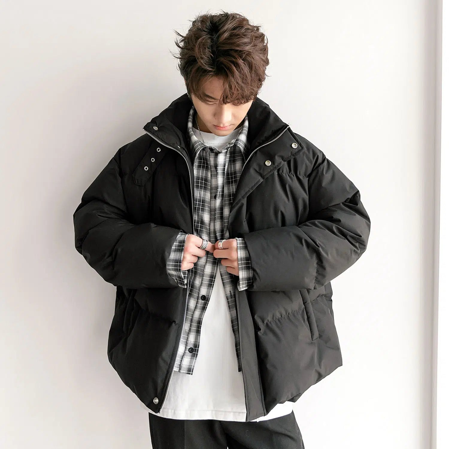 Loose Fit Thickened Two-piece Plaid Puffer Jacket
