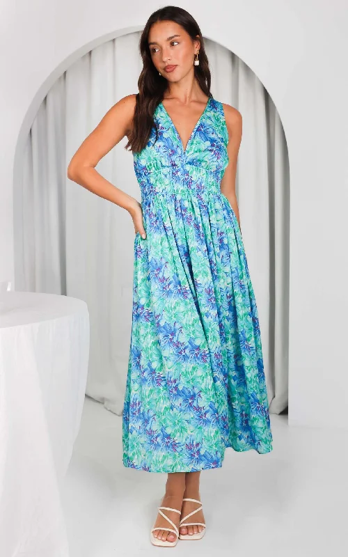 Sporty Elegance Monique Sleeveless Maxi Dress - Green Blue Floral