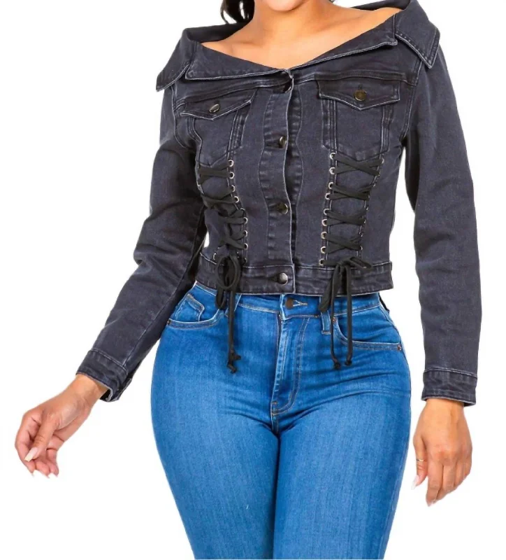 Sports Series Chic Off Shoulder Lace Up Denim Jacket In Black