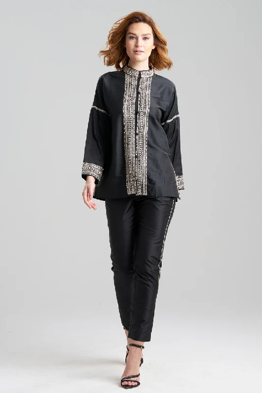 Modern Comfort Wear Couture Silk Dupioni Embroidered Mandarin Jacket
