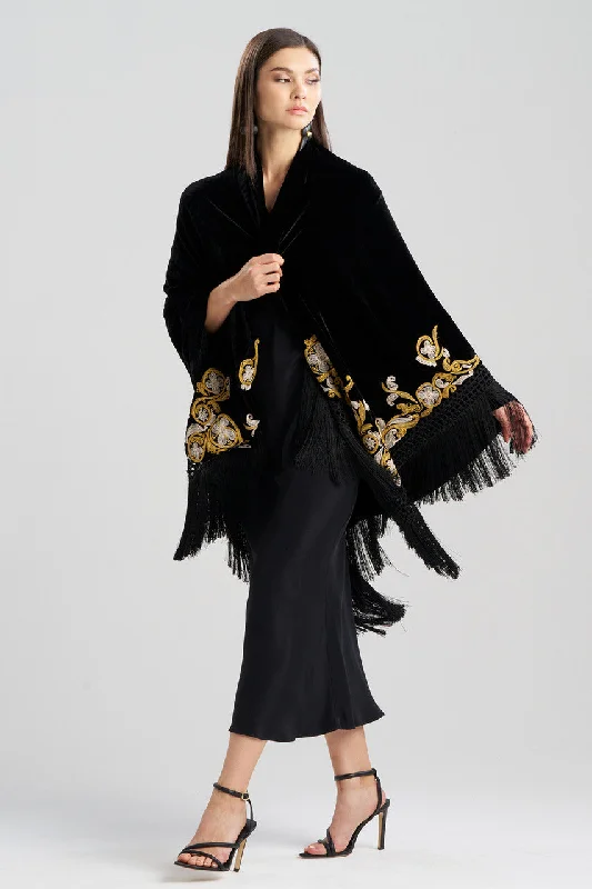 Playful Style Couture Velvet Embroidered Fringe Shawl