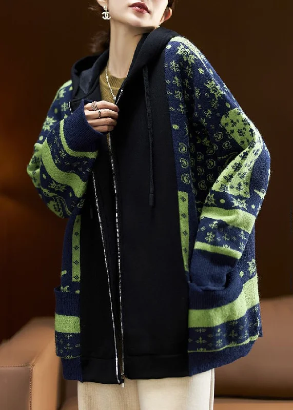Fresh And Elegant French Navy Hooded Zippered Patchwork Warm Fleece Coats Long Sleeve