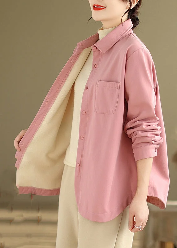Easygoing Style French Pink Oversized Pockets Fleece Wool Lined Coats Winter