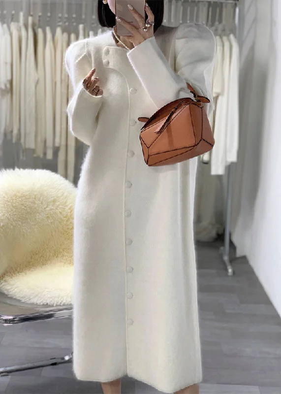 Chic Outfits French White Puff Sleeve Button Patchwork Woolen Coat Winter