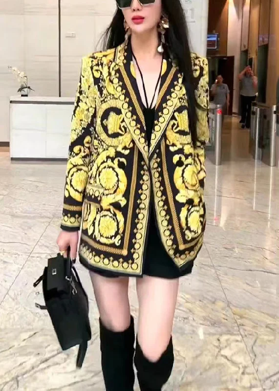 Easy Chic French Yellow Peter Pan Collar Print Patchwork Cotton Coats Fall