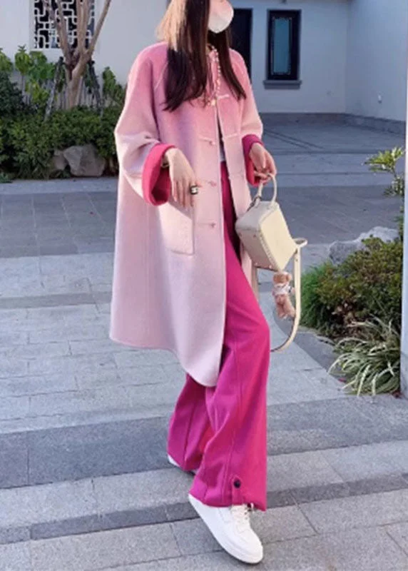 Elegant Wear Gradient Color Rose Woolen Coats And Wide Leg Pants Two Pieces Set Fall