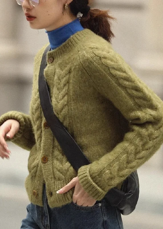 Layered Style Green Cable Knit Sweaters Knit Coats O Neck Long Sleeve