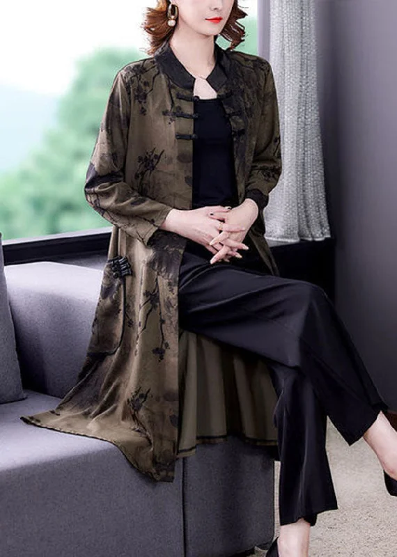 Soft Knitwear Green Oriental Silk Coat Outwear Stand Collar Print Long Sleeve