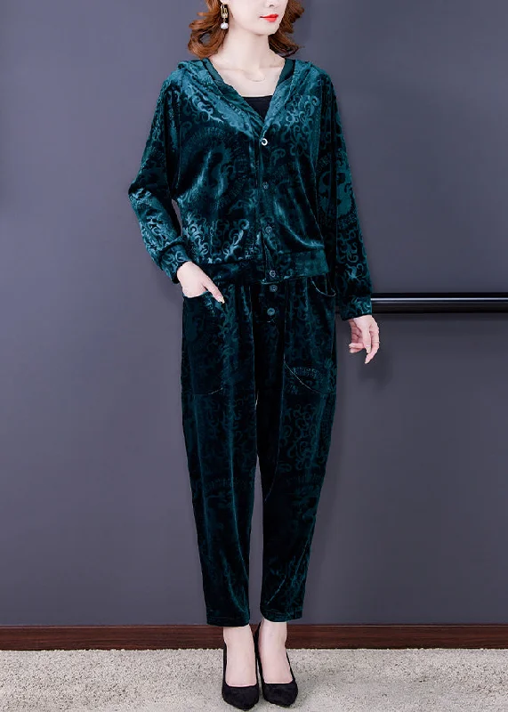 Comfortable Tops Green Zip Up Silk Velour Coats And Harem Pants Two Pieces Set Long Sleeve