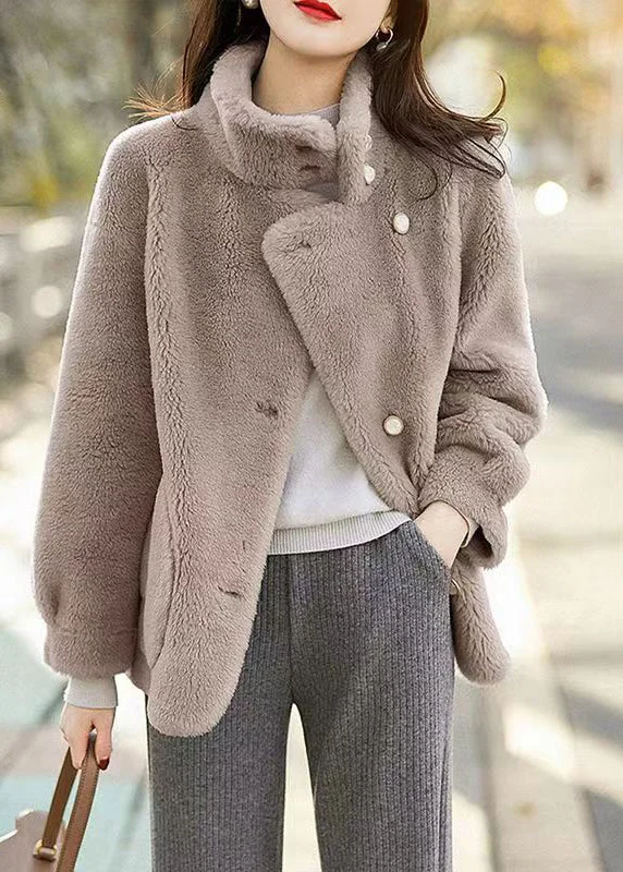 Everyday Chic Grey Pockets Patchwork Woolen Jacket Stand Collar Button Winter