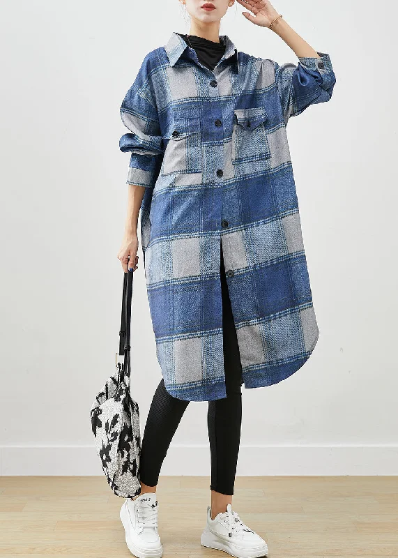 Sporty Wear Handmade Blue Plaid Woolen Shirt Trench Coats Fall