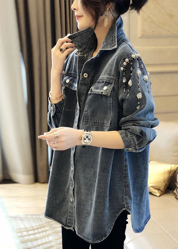 Elegant And Lazy Handmade Blue Square Collar Pearl Patchwork Denim Coats Long Sleeve