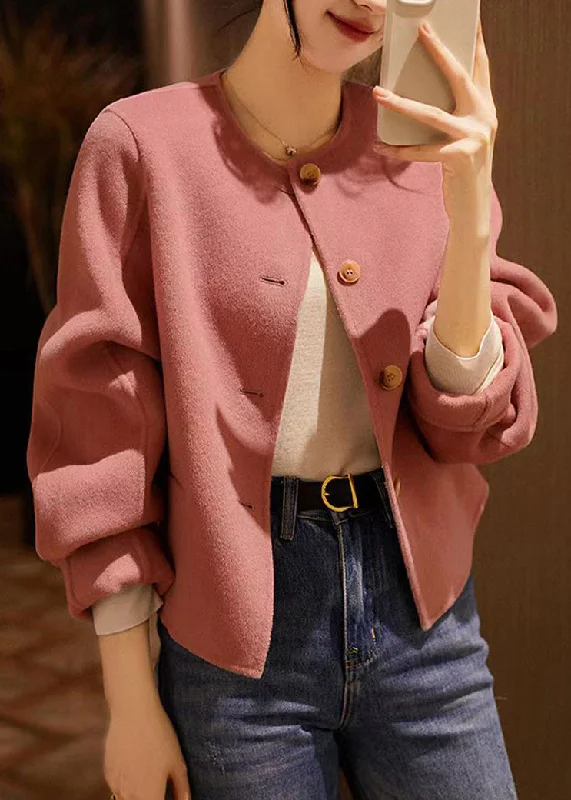 Comfortable Chic Handmade Pink O Neck Button Patchwork Woolen Coats Winter