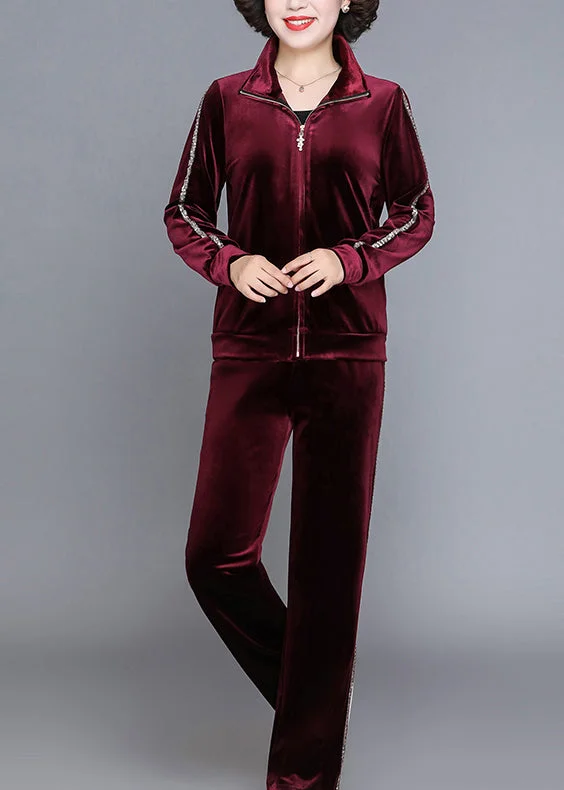 Trendy Layers Handmade Wine Red Stand Collar Zippered Silk Velour Coats And Straight Pants Two Piece Set Fall