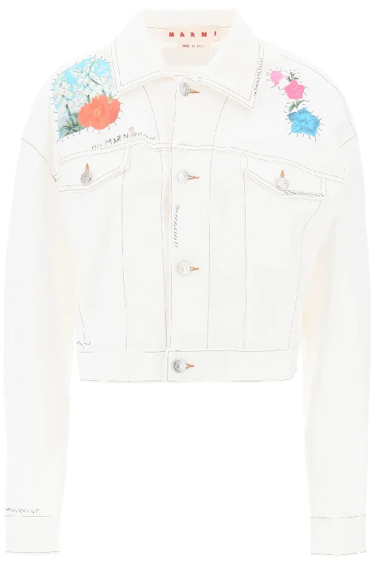 Cozy Footwear Marni Women's "Cropped blue Jacket With Flower Patches And Embroidery"