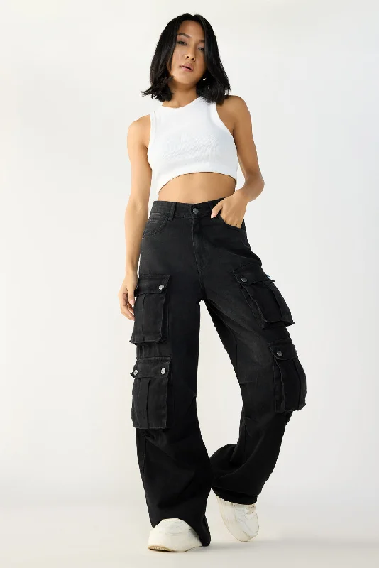 Soft Textures Raven Black Denim Cargo Jeans