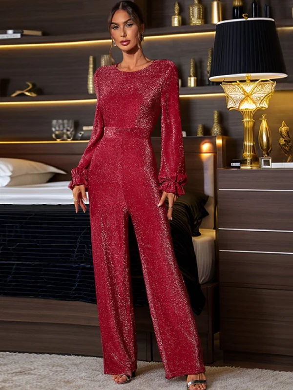 Warm Wear Perfee Cutout Round Neck Long Sleeve Jumpsuit
