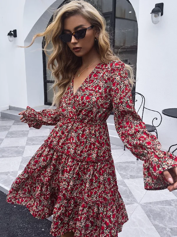 French Style KittenAlarm - V-neck red floral mid-length casual long-sleeved dress