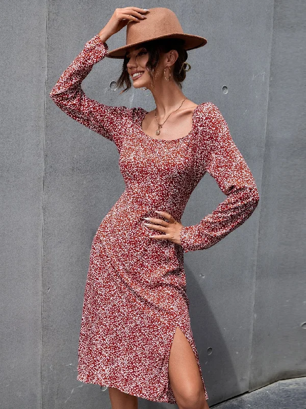 Retro Prints KittenAlarm - Ditsy Floral Split Hem Dress