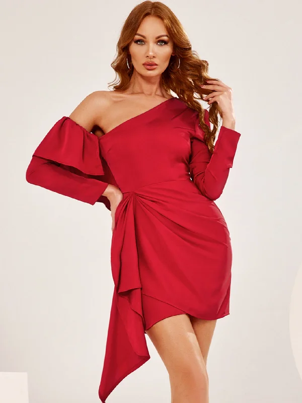 Easygoing Outfits KittenAlarm - Asymmetrical Neck Ruffle Trim Draped Front Satin Dress