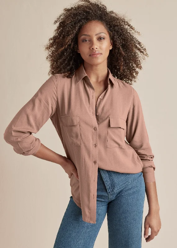 Cozy Fashions Button-Up Blouse - Taupe
