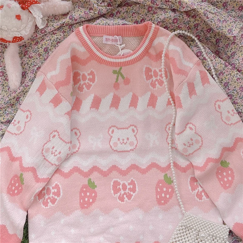 Versatile Outfits Pink Strawberry Knit Bear Sweater