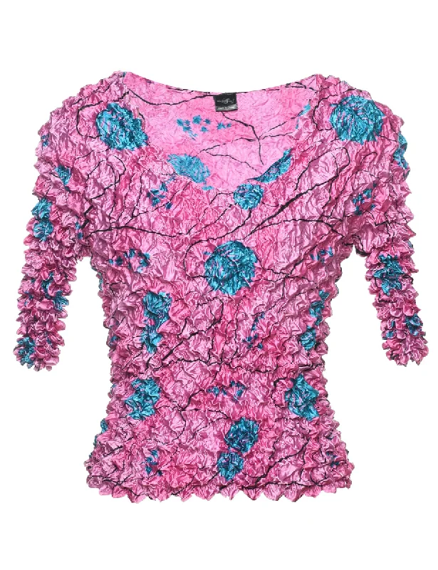 Warm Layers Pink & Blue Floral Print Popcorn Top - S