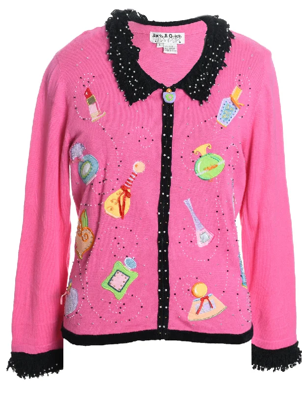 Comfortable Jeans Pink Christmas Cardigan - L