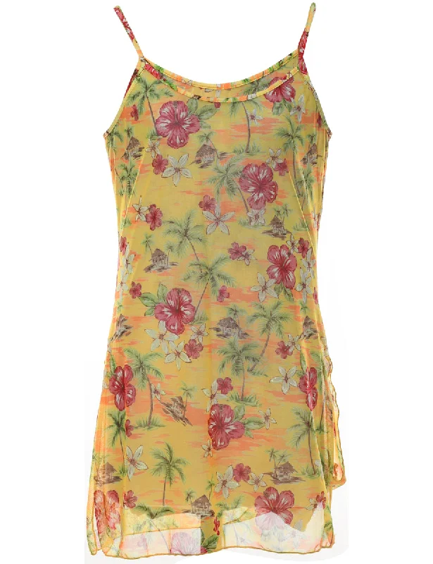 Soft Knitwear Pink & Yellow Sheer Strappy Hawaiian Slip Dress - M