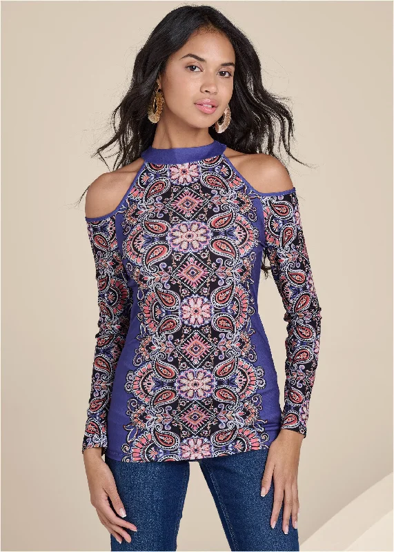 Elegant And Lazy Paisley Cold-Shoulder Top - Blue Multi