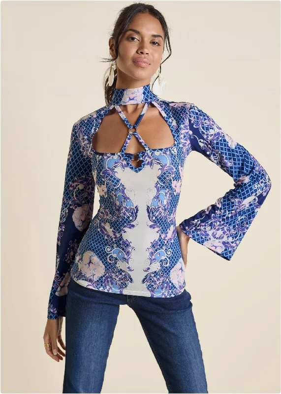Stunning Fashion Strappy Mock-Neck Top - Purple Multi