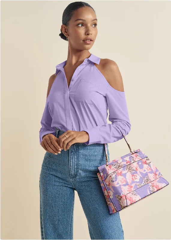 Bottom And Versatile Cold-Shoulder Button-Up Top - Purple