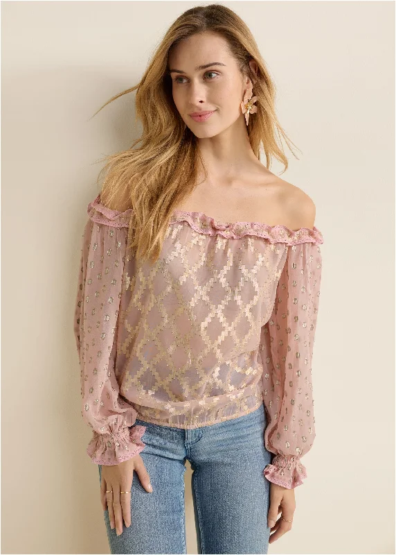 Fashionable Inner Wear Off-The-Shoulder Ruffle Top - PINK & GOLD