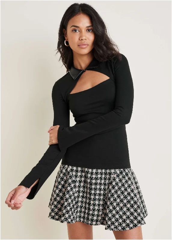 Sports Style Collared Faux Leather Top - Black