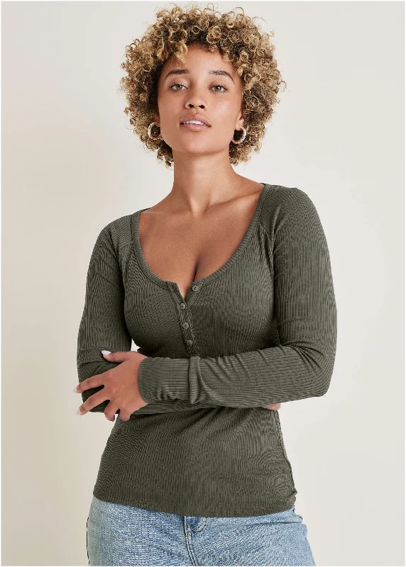 Cool Summer Long Sleeve Henley Tee - Olive