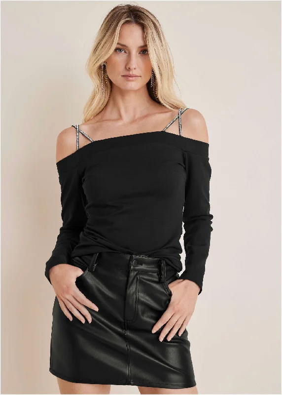 Relaxed Style Rhinestone Strappy Top - Black