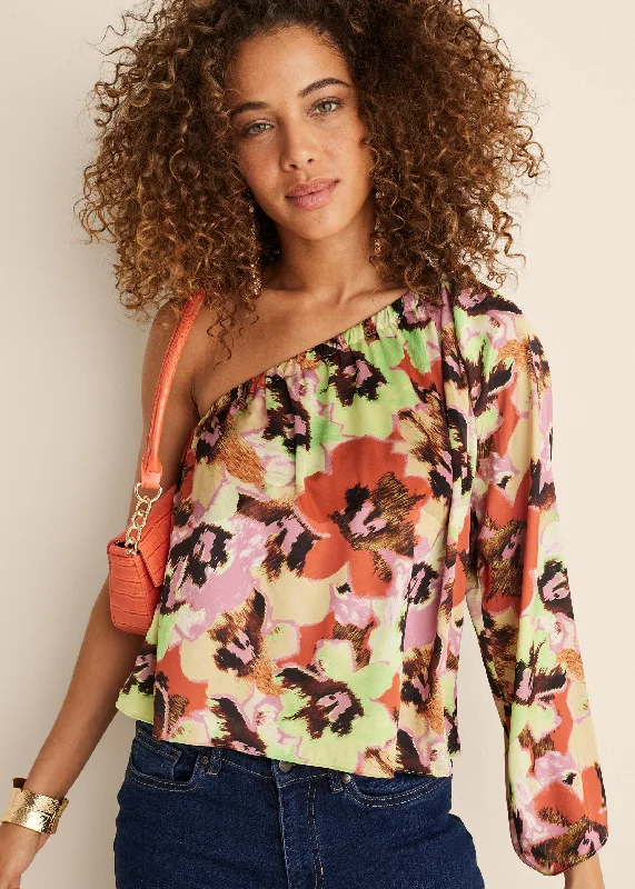 Comfortable down One Shoulder Top - Blurred Bouquet
