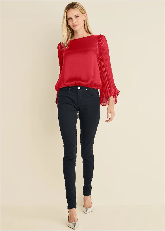 Classic Retro Pleated Sleeve Top - Red